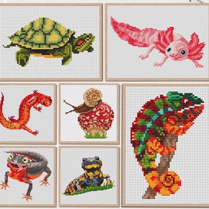 Può includere: Un set di sette schemi a punto croce raffiguranti vari animali, tra cui una tartaruga, un axolotl, una salamandra, una lumaca, un camaleonte, un tritone e una rana. I modelli sono esposti in cornici quadrate con sfondo bianco. Il testo "PDF" è in un cerchio bianco.