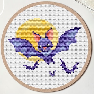 Halloween Bat Cross Stitch Pattern, Diy Decor Holiday, Scary Round Embroidery ornament, counted crostitch - PDF instant Digital Download