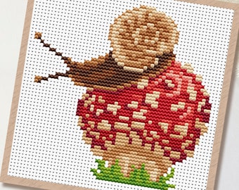 Snail Cross stitch pattern, snail and mushroom pdf embroidery file, aida 14 cross stitch, trendy embroidery, modern cross stitch pattern pdf