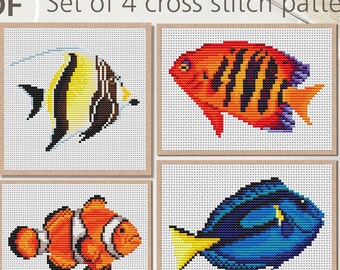 May include: Set of four cross-stitch patterns featuring colorful fish designs. The patterns include a yellow and black fish, an orange fish with black stripes, an orange and white clownfish, and a blue fish with a yellow tail. The text "PDF" is in a white circle.