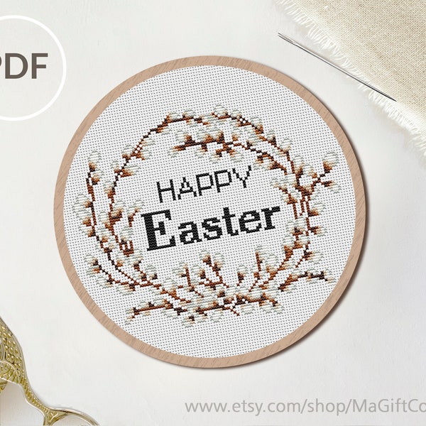 Happy Easter Sign, Cross Stitch Pattern for Hand Embroidery, PDF file Aida Chart, Willow Cuttings Branches, Salix Ornament Home Decor