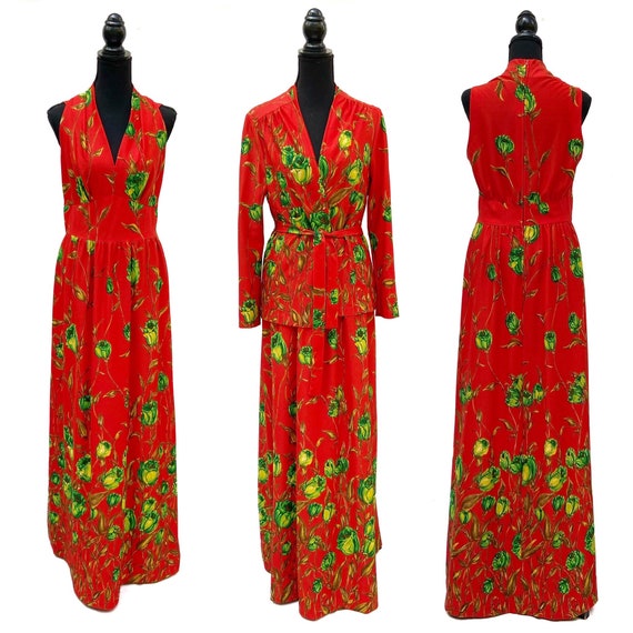 Vintage 1970s Edith Flagg Bold Red Floral Deep V Neck Maxi | Etsy