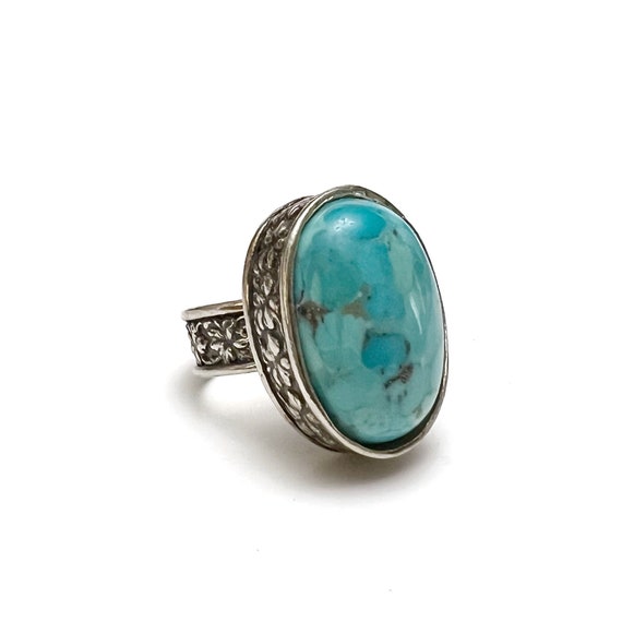 Vintage Chunky Turquoise 925 Sterling Silver Flor… - image 1