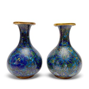 Vintage Set of Chinese Cloisonné Enamel Brass Vases Blue Green Floral
