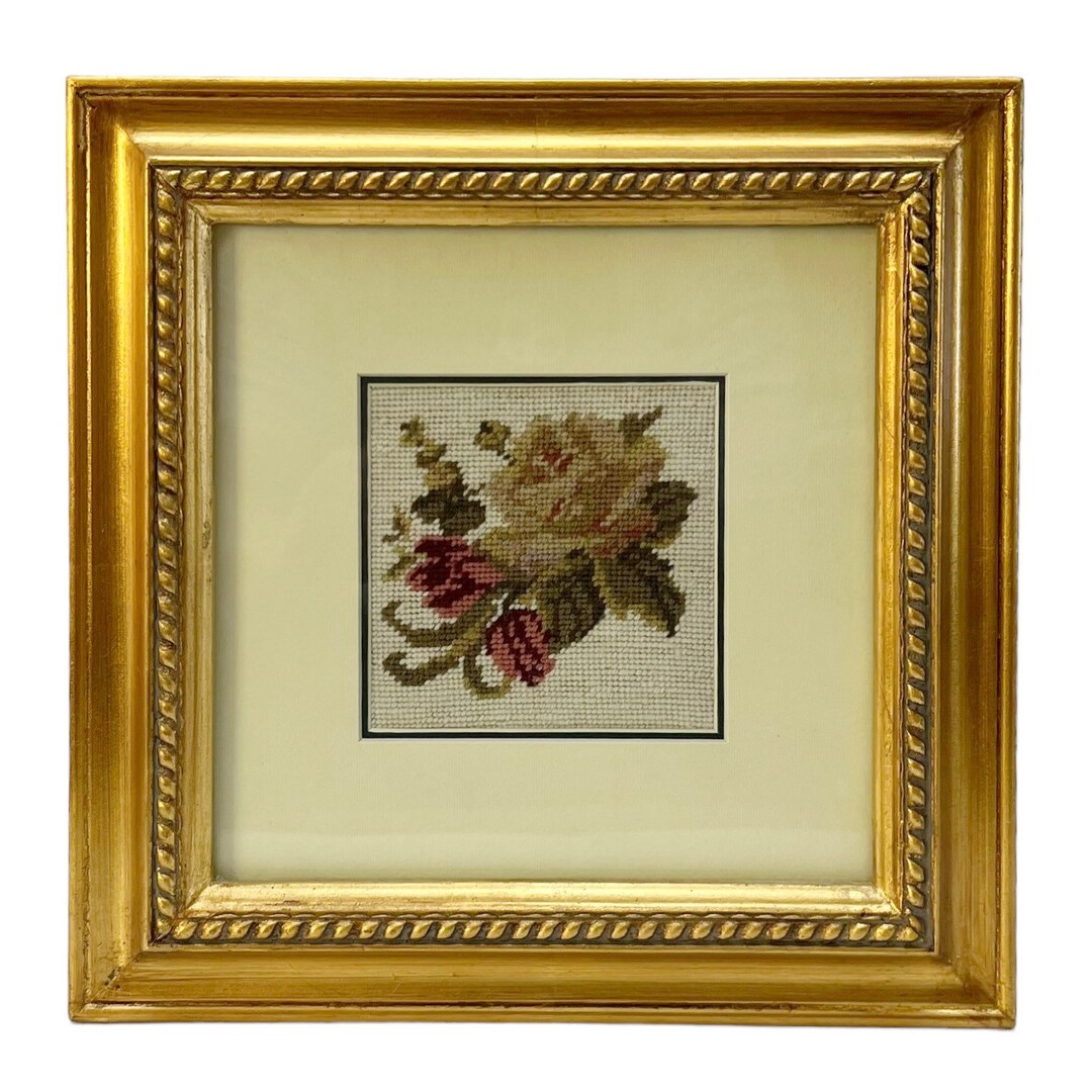 Vintage Cottage Rose Floral Completed Needlepoint Matted Framed Wall ...