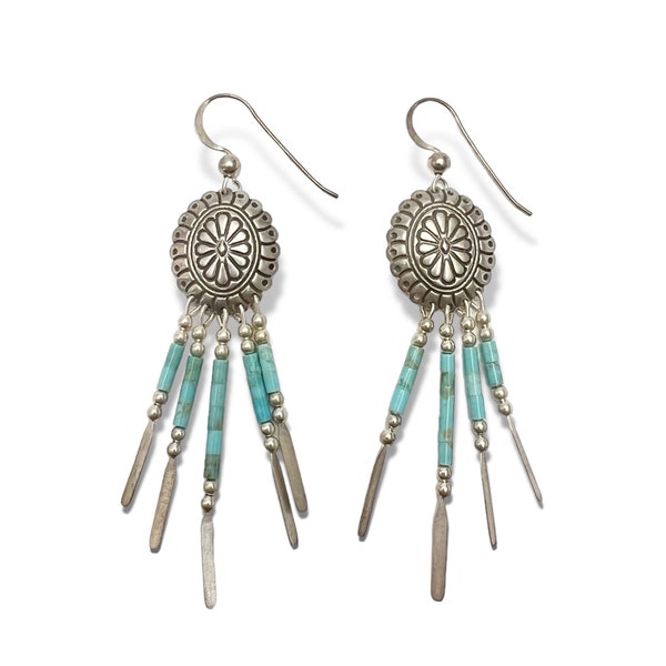 Vintage Native American QT Quoc Turquoise Sterling Silver Concho Heishi Beaded Fringe Dangle Earrings