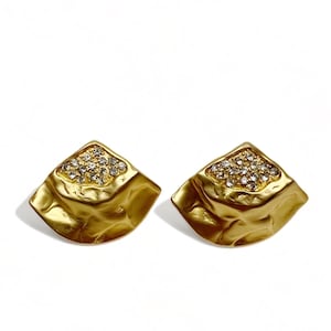 Vintage Kenneth Jay Lane KJL Matte Goldtone Sculptural Crystal Rhinestone Clip On Earrings