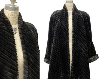 Vintage Marvin Richards Black & Brown Plush Faux Fur Diagonal Stripe Swing Coat Oversized Womens Petite Small