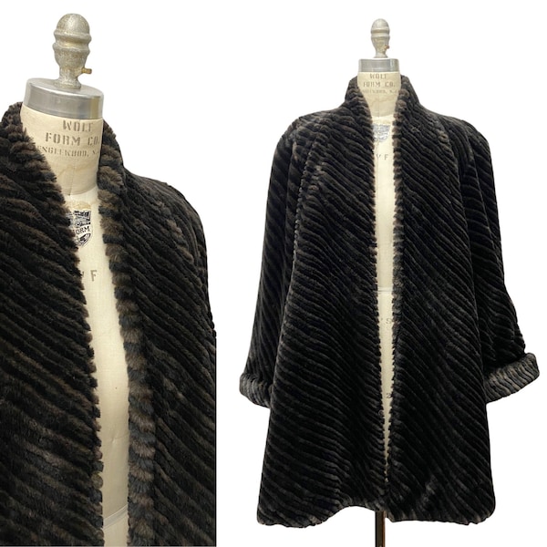 Vintage Marvin Richards Black & Brown Plush Faux Fur Diagonal Stripe Swing Coat Oversized Womens Petite Small