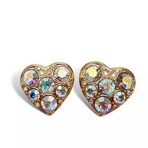 Vintage Kirks Folly Signed Heart Aurora Borealis AB Crystal Goldtone Clip On Earrings