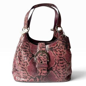May include: A hobo-style handbag featuring a textured, snakeskin-patterned exterior in shades of deep red, burgundy, and black. The bag includes a central vertical strap with a large, polished silver-tone metal buckle and two matching shoulder straps.