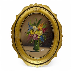 Vintage Original Signed Still Life Flowers in Vase Painting Gilt Oval Framed