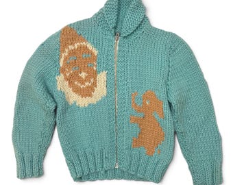 Vintage Aqua Elephants Clown Hand Knit Full Zip Cowichan Sweater TODDLER CHILD