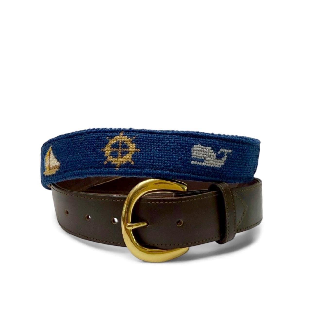 Nautical Needlepoint Tan & Blue Leather Sailboat Vintage 80’s Belt Size L/XL Sailboat Needlepoint Belt – needlegolf main image 4