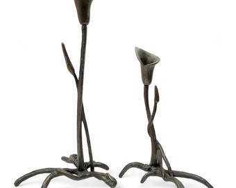 Vintage Set of 1986 Scott Nelles Bronze Calla Lily Flower Candlestick Candleholders Sculptures Art Nouveau Style