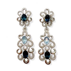 Vintage Crown Trifari Blue Crystal Rhinestone Scroll Silvertone Drop Clip On Earrings