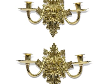 Vintage Pair of Ornate Double Arm Polished Brass Candlestick Holder Wall Sconces