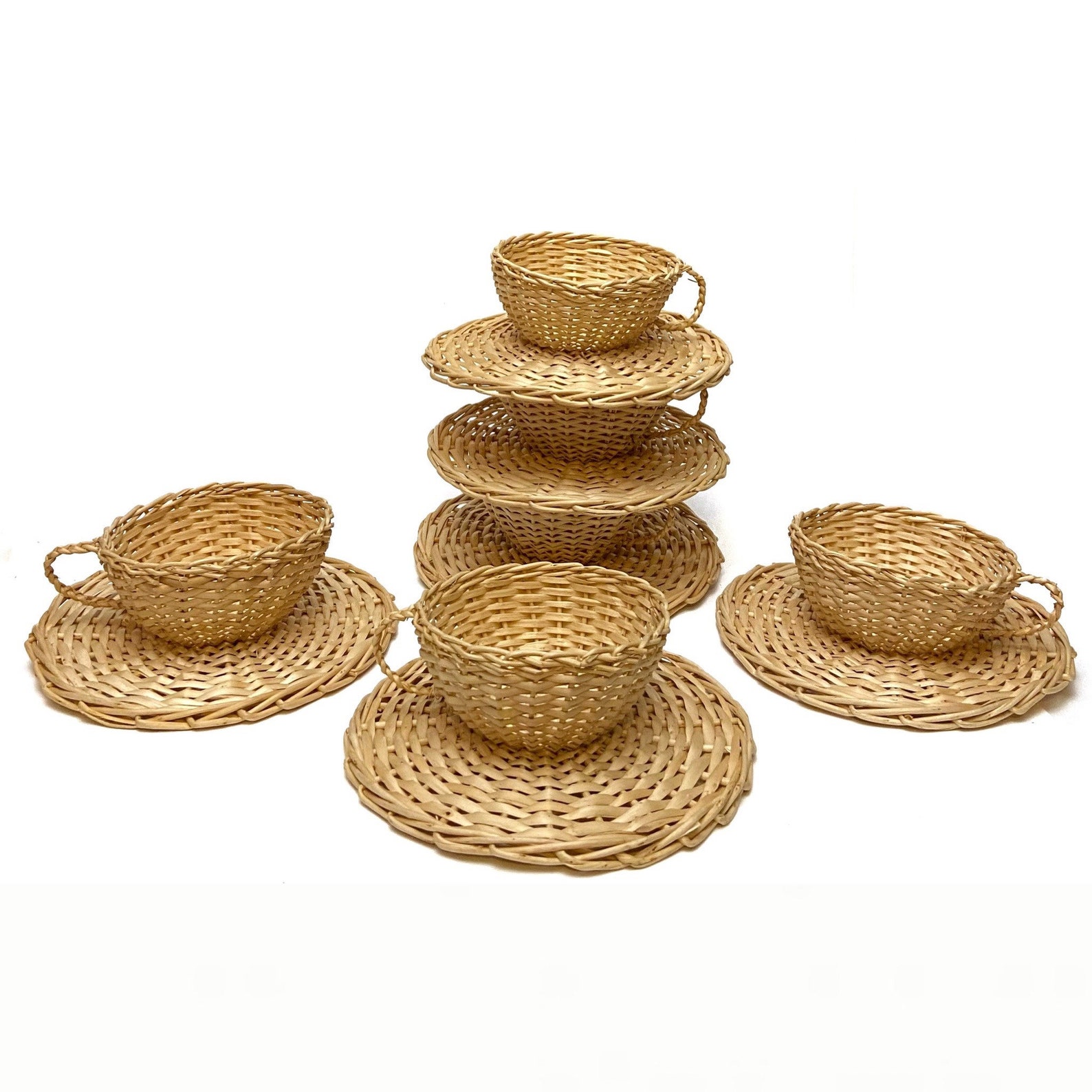 Whimsical Vintage Set Of 6 Rattan Wicker Tea Cup Saucers Boho Etsy