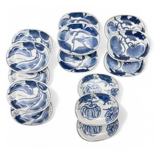 Vintage Set of 14 Japanese Porcelain Blue Vegetable Motif Condiment Pickle Dishes