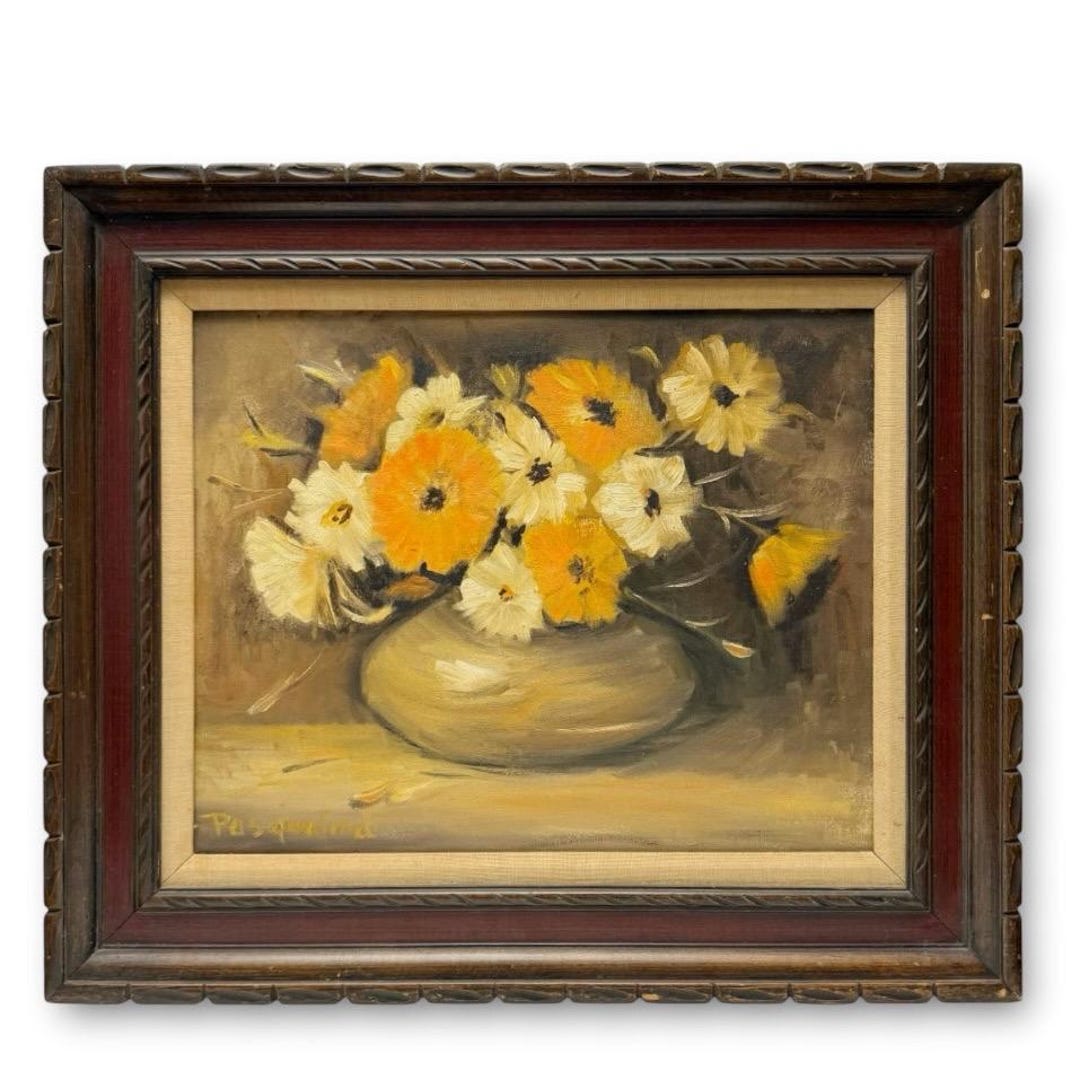 Vintage Original Still Life Orange Flowers in Vase Signed Oil Painting ...