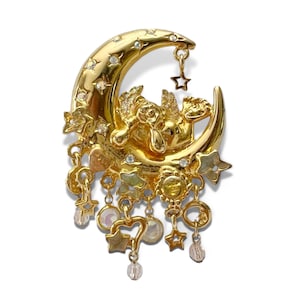 Vintage Kirks Folly Cherub Angel Bear Crescent Moon Stars AB Crystal Dangle Brooch
