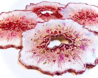 Beautiful Rose Gold and White “Starburst” Geode Coasters; Set of 4 Coasters; Rose Gold, White, & Gold Coasters with Rose Gold Glitter Edging