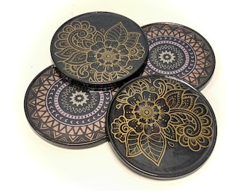 New Mandela Flower Coasters, Metallic Gold Mandela Coasters, Black & Gold  Round Resin Coasters, Mandela Design Coasters, Set of 4 Coaster