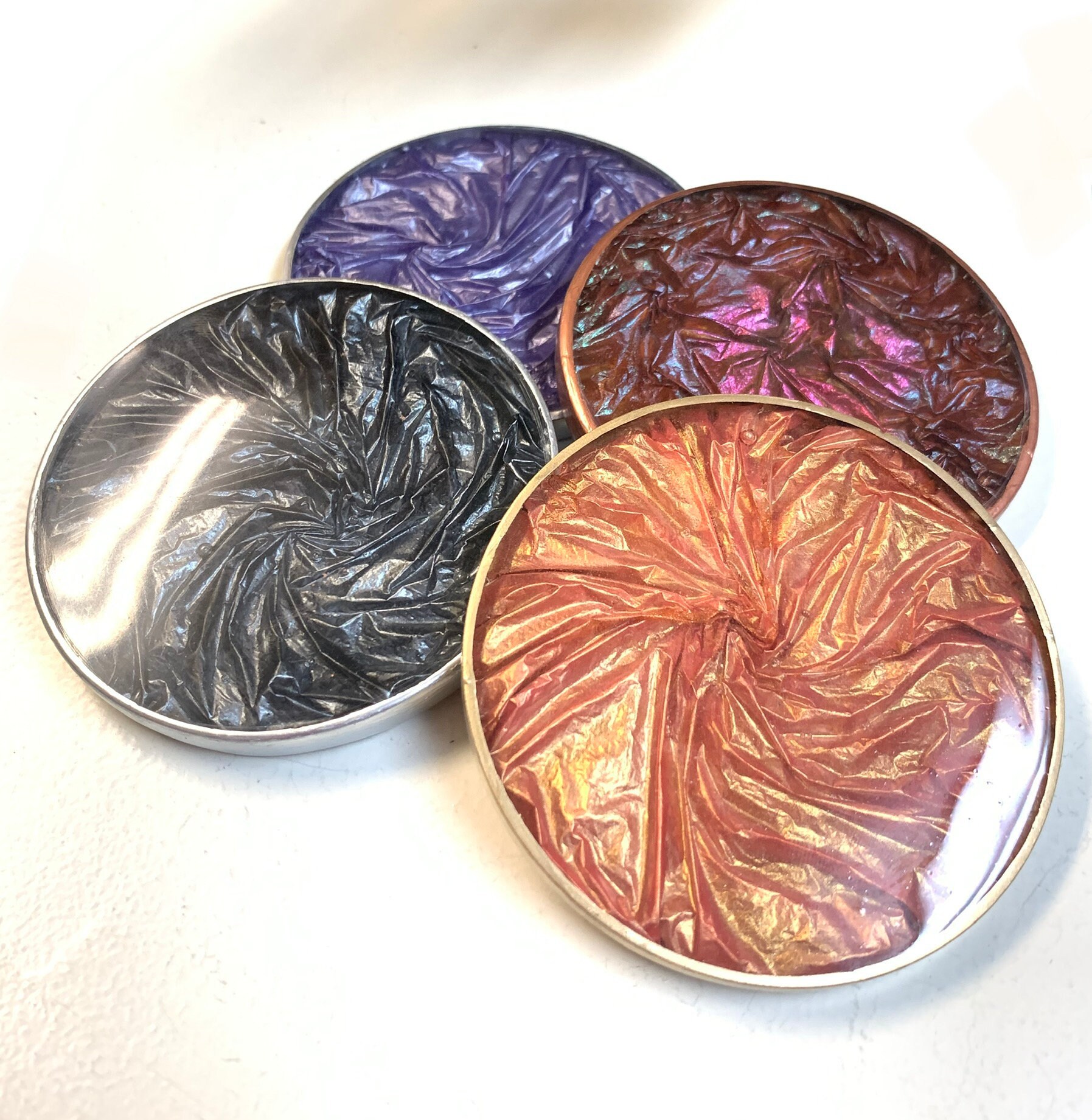 Multicolored “Crushed Velvet” Coasters, Beautiful Purple, Black, Peach, and Red Round Coasters, One of a Kind, Unique Fabric Like Coasters
