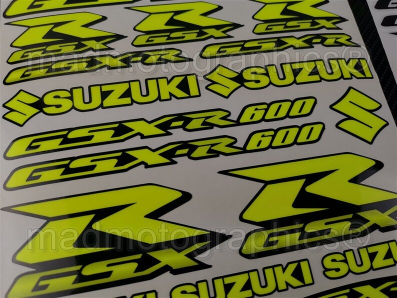 Suzuki GSX-R 600 750 1000 two part stickers set fairing tank decals motorbike graphics Fluorescent Neon Yellow gsxr Laminated image