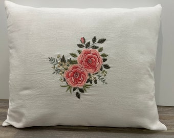 Cottage Roses Pillow, Embroidered, Textured Cotton, Pink Roses, Vines, Cottagecore