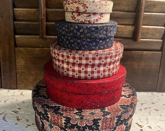 Pantry Boxes, Red, White and Blue Americana Civil War Reproduction Fabrics, Round Set of 5, Distressed, Primitive Decor, Country, Farmhouse