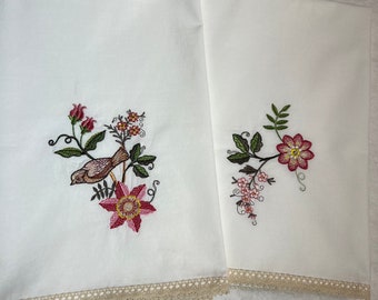 Jacobean Tea Towels, Set of Two, Bird, Flowers