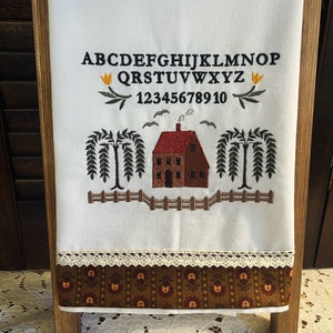 Primitive Sampler Tea Towel, Flour Sack Kitchen Towel. Embroidered with Fabric and Lace Border image 1