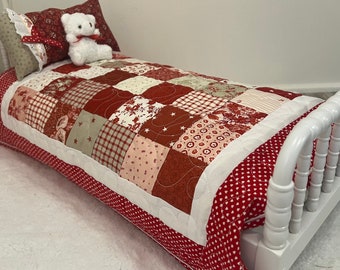 Doll Quilt, Red, White, Hearts, Valentines Day. Handmade, Quilted, Matching Pillow and teddy bear. Bedding for 18" Doll