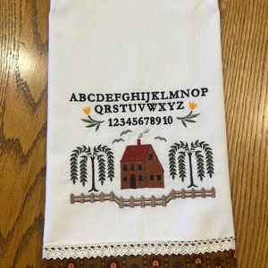Primitive Sampler Tea Towel, Flour Sack Kitchen Towel. Embroidered with Fabric and Lace Border image 3
