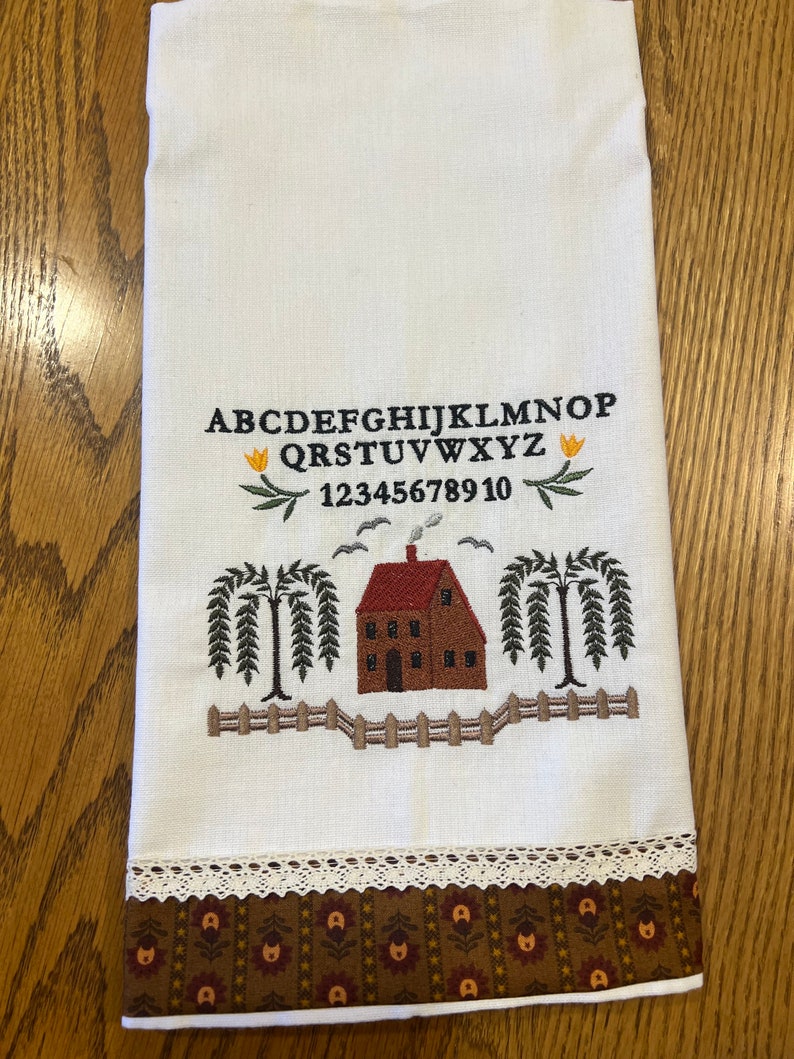 Primitive Sampler Tea Towel, Flour Sack Kitchen Towel. Embroidered with Fabric and Lace Border image 3