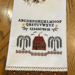 Primitive Sampler Tea Towel, Flour Sack Kitchen Towel. Embroidered with Fabric and Lace Border image 4