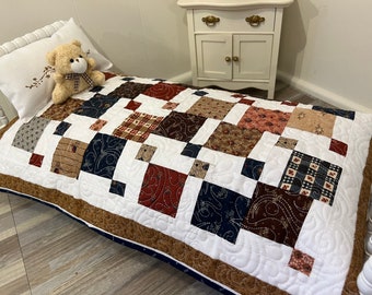 Doll Quilt. Handmade, Quilted, Matching Pillows, Earth tones. Bedding for 18" Doll