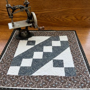 Handmade Jacob&#39;s Ladder Quilted Table Square: Blue Brown Farmhouse Decor