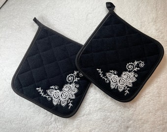 Embroidered Potholders, Set of Two, Black with White Roses