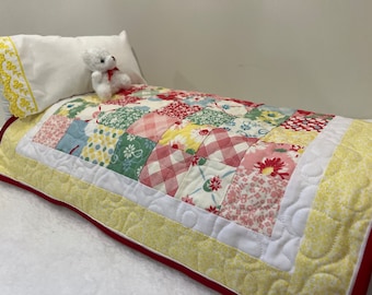 Doll Quilt, Yellow, Green, Pink and Blue, Handmade, Quilted, Matching Embroidered Pillowcase, Bedding for 18" Doll