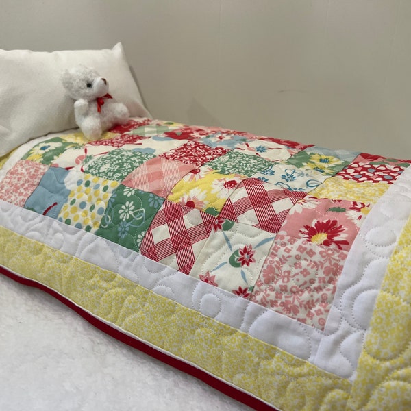Doll Quilt, Yellow, Green, Pink and Blue, Handmade, Quilted, Matching Embroidered Pillowcase, Bedding for 18" Doll