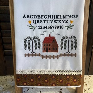 Primitive Sampler Tea Towel, Flour Sack Kitchen Towel. Embroidered with Fabric and Lace Border image 2