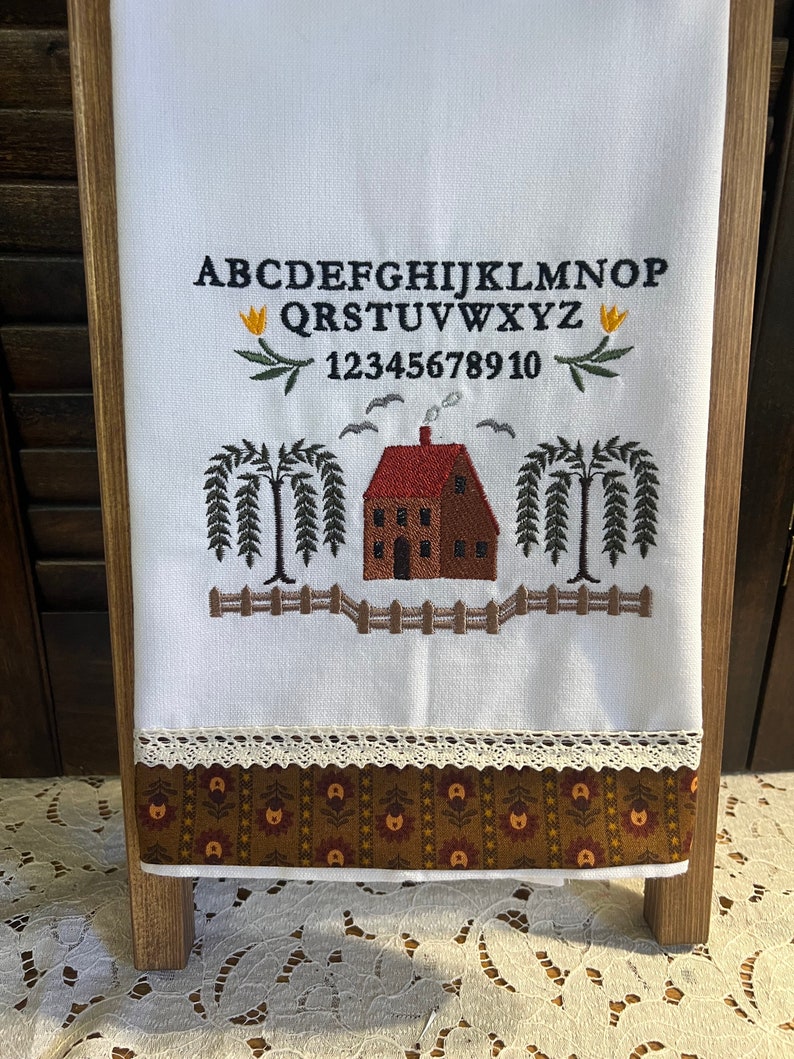 Primitive Sampler Tea Towel, Flour Sack Kitchen Towel. Embroidered with Fabric and Lace Border image 2