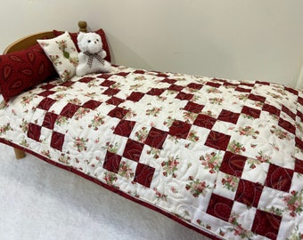 Doll Quilt, Red, White, Floral. Handmade, Quilted, Matching Pillows and teddy bear. Bedding for 18" Doll