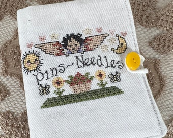 Cross Stitch Needle Book ~ Angel and Flowers, Primitive Sewing Room Accessory