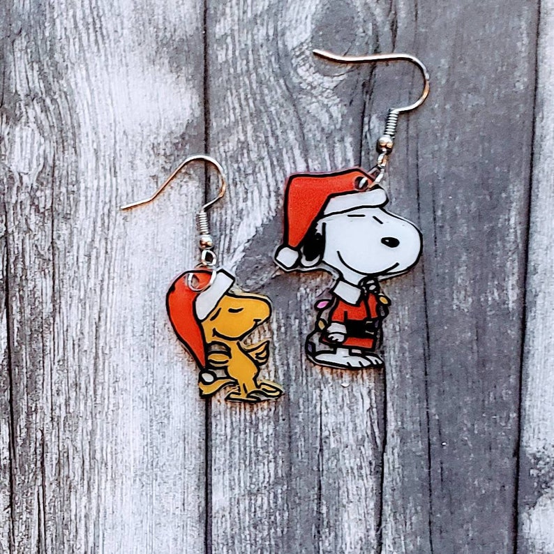 Snoopy and Woodstock Christmas earrings. Santa snoopy Etsy
