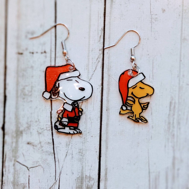 Snoopy and Woodstock Christmas earrings. Santa snoopy Etsy