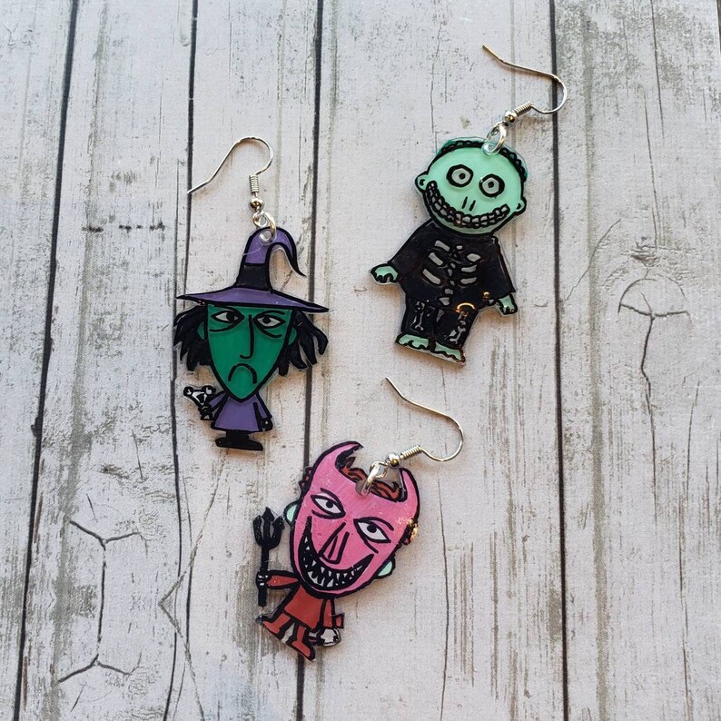 Shrinky dink earrings. Lock Shock and Barrel earring set Oogie boogie henchmen Halloween earrings Nightmare before Christmas earrings