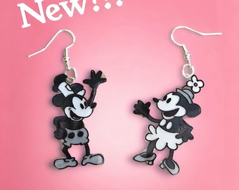 Steamboat Willie Mickey Mouse and Minnie Mismatched Earrings.